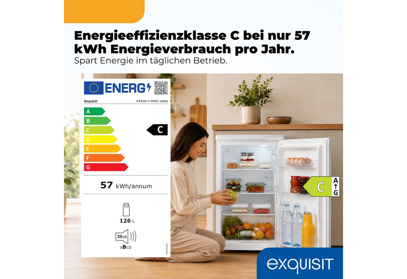 exquisit Vollraumkühlschrank KS516-V-040C, 85 cm hoch, 55 cm breit, 126 l Nutzinhalt, LED Beleuchtung, Energieklasse C, 35 dB
