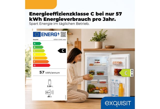 exquisit Vollraumkühlschrank KS516-V-040C, 85 cm hoch, 55 cm breit, 126 l Nutzinhalt, LED Beleuchtung, Energieklasse C, 35 dB