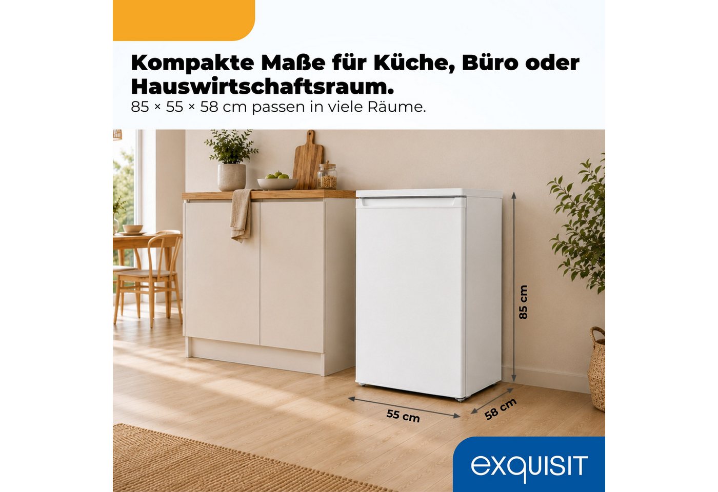 exquisit Vollraumkühlschrank KS516-V-040C, 85 cm hoch, 55 cm breit, 126 l Nutzinhalt, LED Beleuchtung, Energieklasse C, 35 dB Bild 3