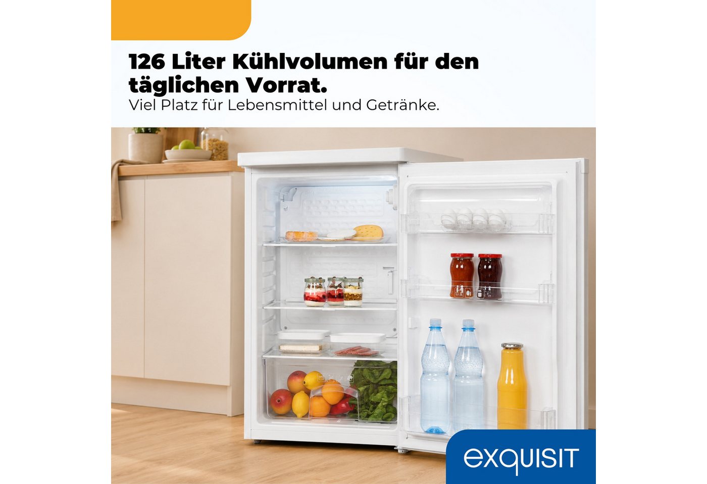 exquisit Vollraumkühlschrank KS516-V-040C, 85 cm hoch, 55 cm breit, 126 l Nutzinhalt, LED Beleuchtung, Energieklasse C, 35 dB Bild 4