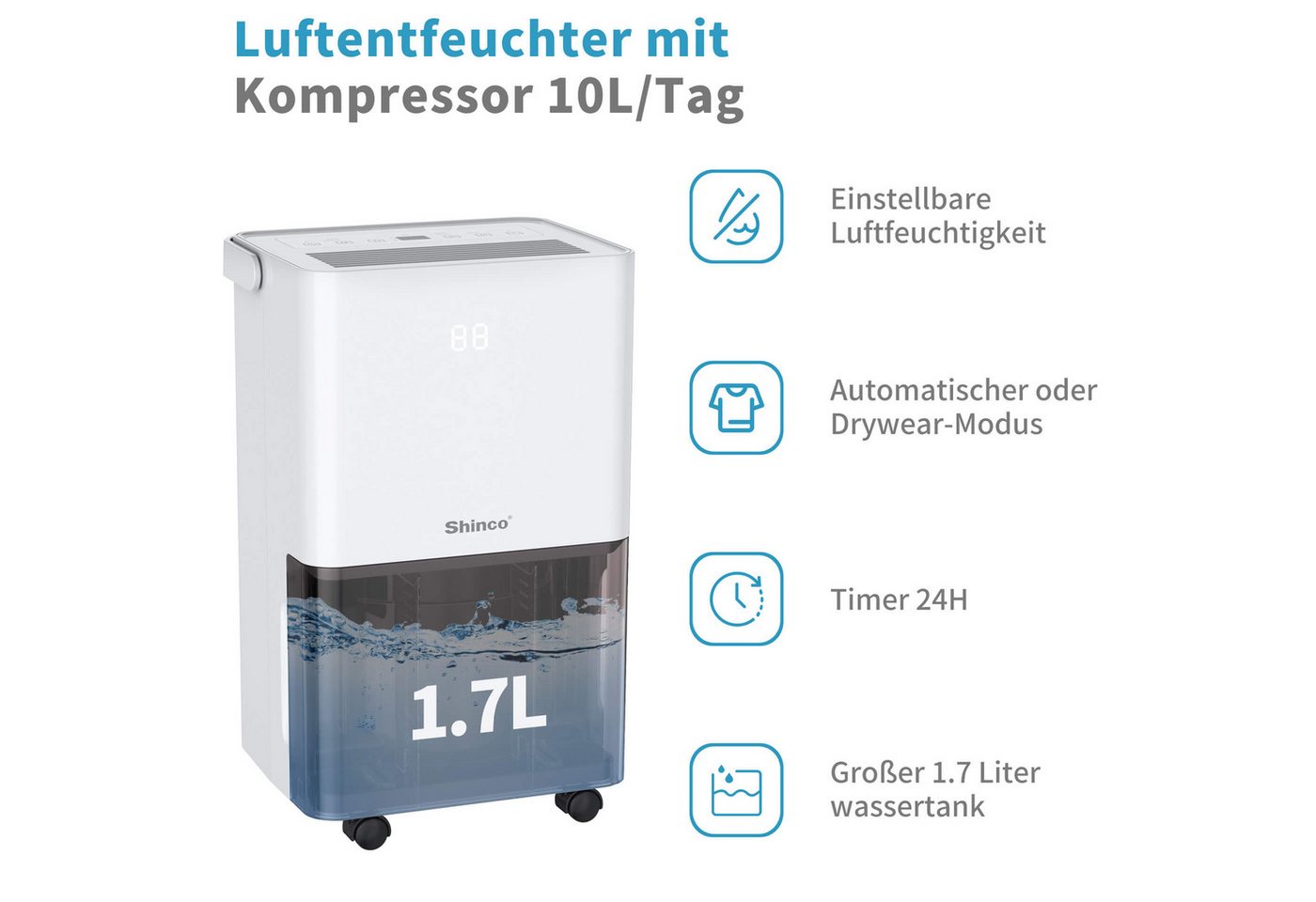 Shinco Luftentfeuchter Luftentfeuchter Elektrisch 10L,Energieeffiziente Entfeuchter für 45m³, für 45 m³ Räume, Entfeuchtung 10 l/Tag, Tank 1,7 l, 10L elektrischer Luftentfeuchter, für 45m³, leise