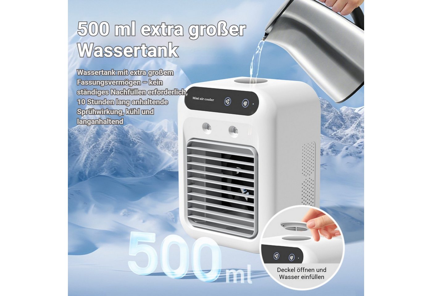 VIVIHEYDAY Ventilatorkombigerät Luftkühler/Befeuchter/Ventilator 4-in-1, Mini leise Klimaanlage, 500ml Tank, 2 Stufen, Tragbarer Wassergekühlter Sprühklimaventilator Bild 2