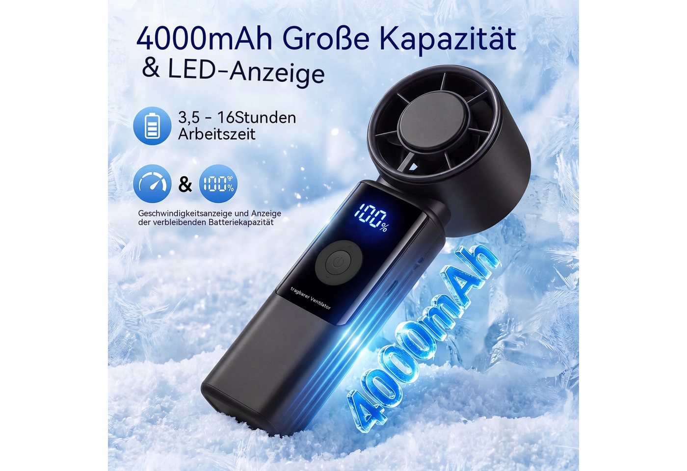 WOWDSGN Handventilator Mini Ventilator Faltbar Tragbarer USB Tischventilator mit LED-Anzeige, 4000 mAh Akku 16 Std, 1-199 Geschwindigkeitsstufen Bild 3
