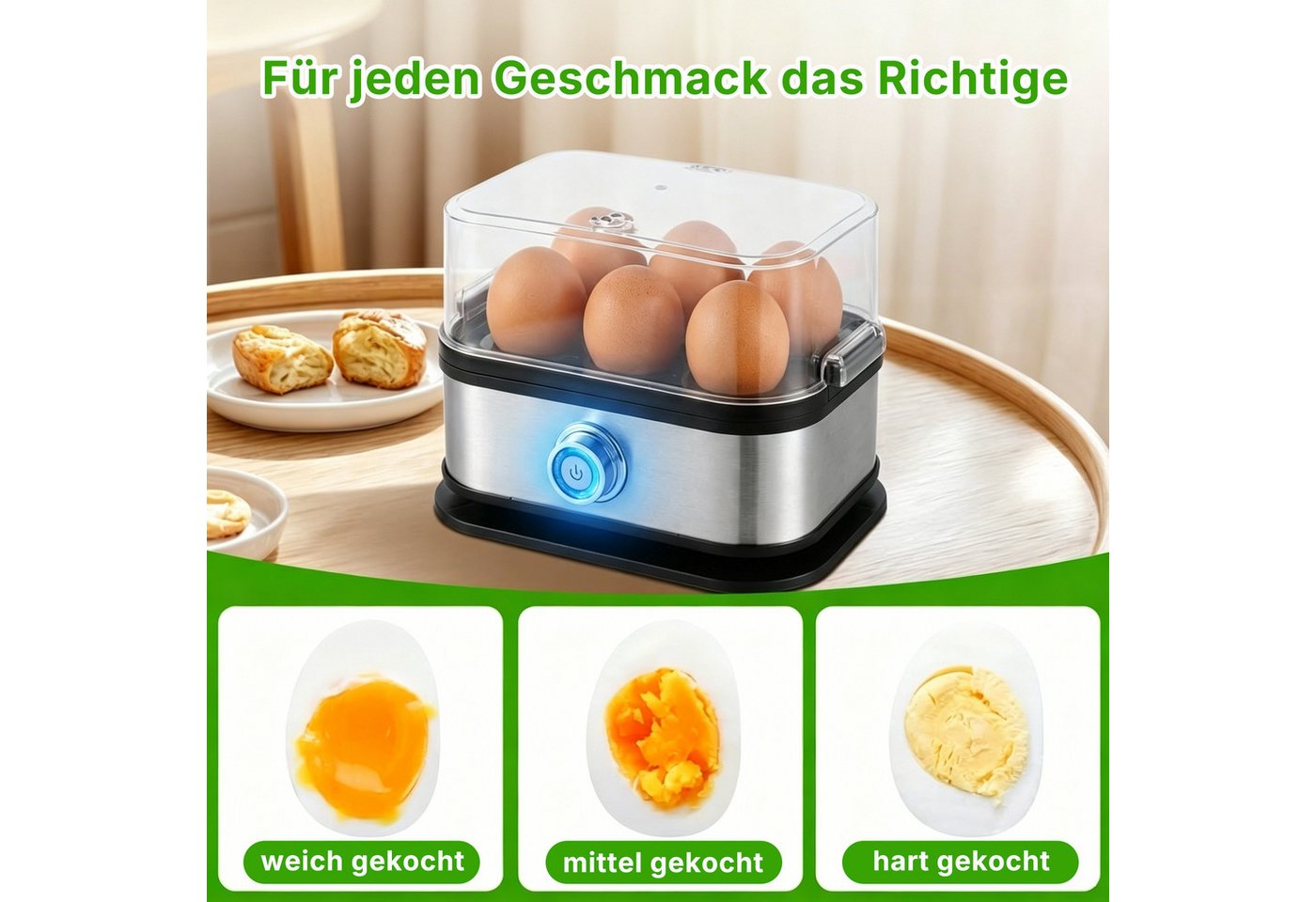 Fyrove Eierkocher für 6 Eier, Dampfgarer, für Frühstückseier von weich bis hart, Anzahl Eier: 6 St., 200 W, BPA-frei, mit Überhitzungsschutz, spülmaschinengeeignet Bild 5