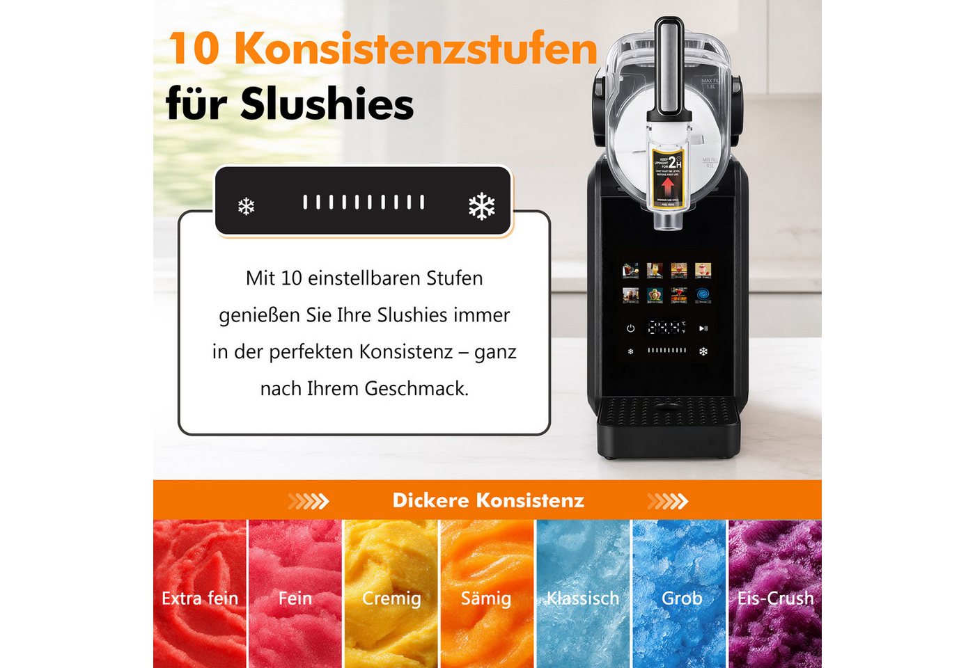 Sinaopus Slush-Eismaschine ohne Eiswürfel, 7 Programme + Selbstreinigung, Farbiges Touchdisplay, 1,8 l, 200 W, 360°-Rühren + 10 Konsistenzstufen, für Eiscreme, Frappés, Milchshake Bild 3