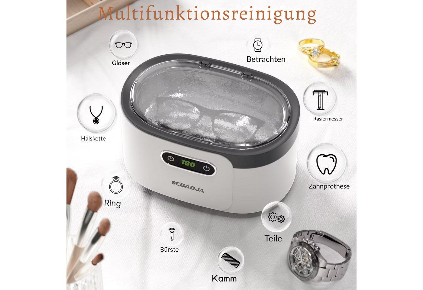 Vivitar Ultraschallreiniger Schmuckreiniger-Ultraschallmaschine für Brillen, Zahnersatz, 5 Reinigungsmodi, einfach zu bedienen und leise, tragbar