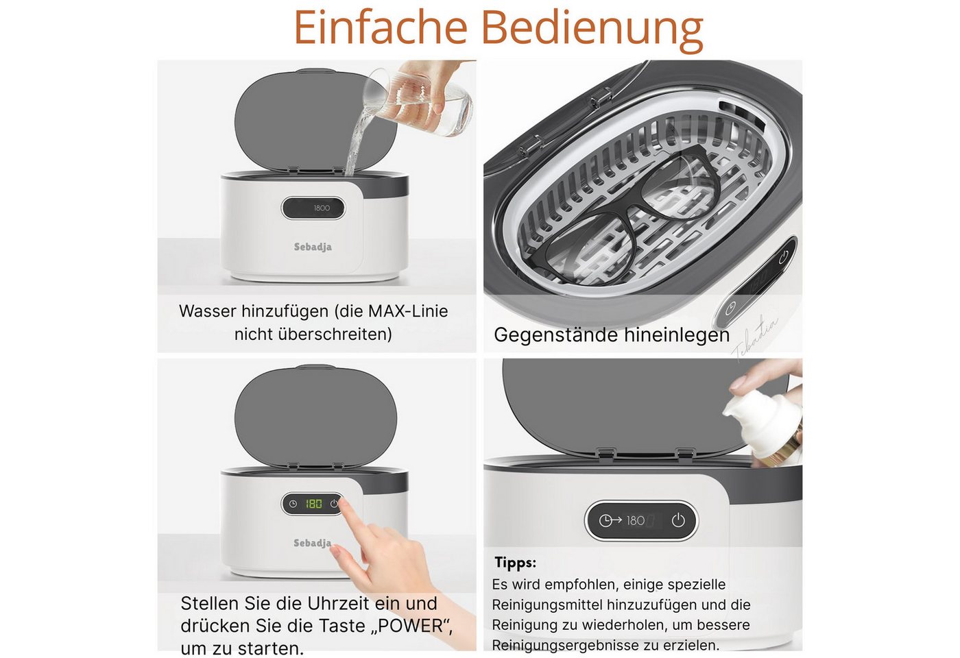 Vivitar Ultraschallreiniger Schmuckreiniger-Ultraschallmaschine für Brillen, Zahnersatz, 5 Reinigungsmodi, einfach zu bedienen und leise, tragbar Bild 4