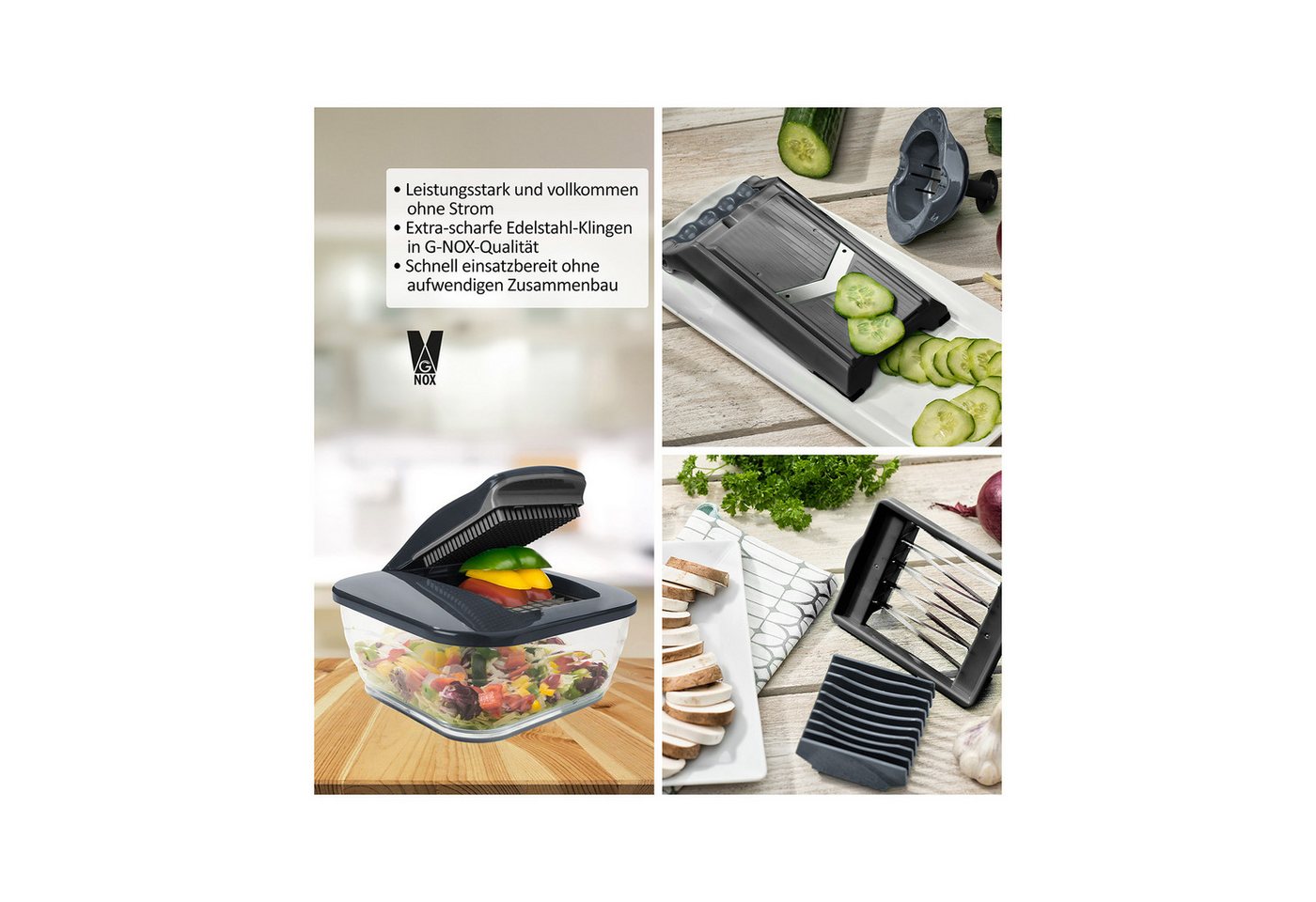 Genius Gemüseschneider Nicer Dicer Chef Gemüseschneider 15.tlg, Gemüsehobel Zwiebelschneider, ultra-scharfen G-NOX Edelstahl-Klingen, extra-große Schneidfläche