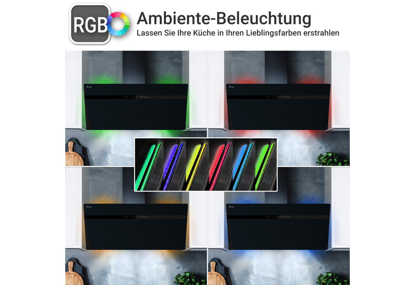 KKT KOLBE Wandhaube Dunstabzugshaube 90cm STYLE9005SMAO RGBW Ambientebeleuchtung Dunstabzugshaube 90cm STYLE9005SMAO RGBW Ambientebeleuchtung, Kopffrei / 90cm / Smarte WiFi-App / Schwarz / Glas / Schräghaube