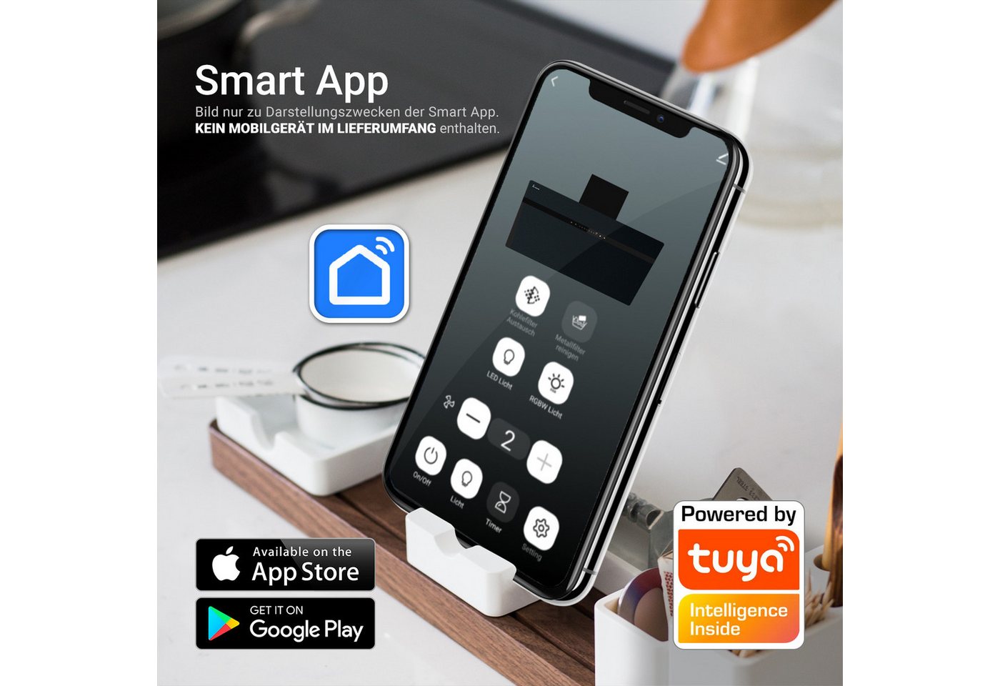 KKT KOLBE Wandhaube Dunstabzugshaube 90cm STYLE9005SMAO RGBW Ambientebeleuchtung Dunstabzugshaube 90cm STYLE9005SMAO RGBW Ambientebeleuchtung, Kopffrei / 90cm / Smarte WiFi-App / Schwarz / Glas / Schräghaube Bild 2