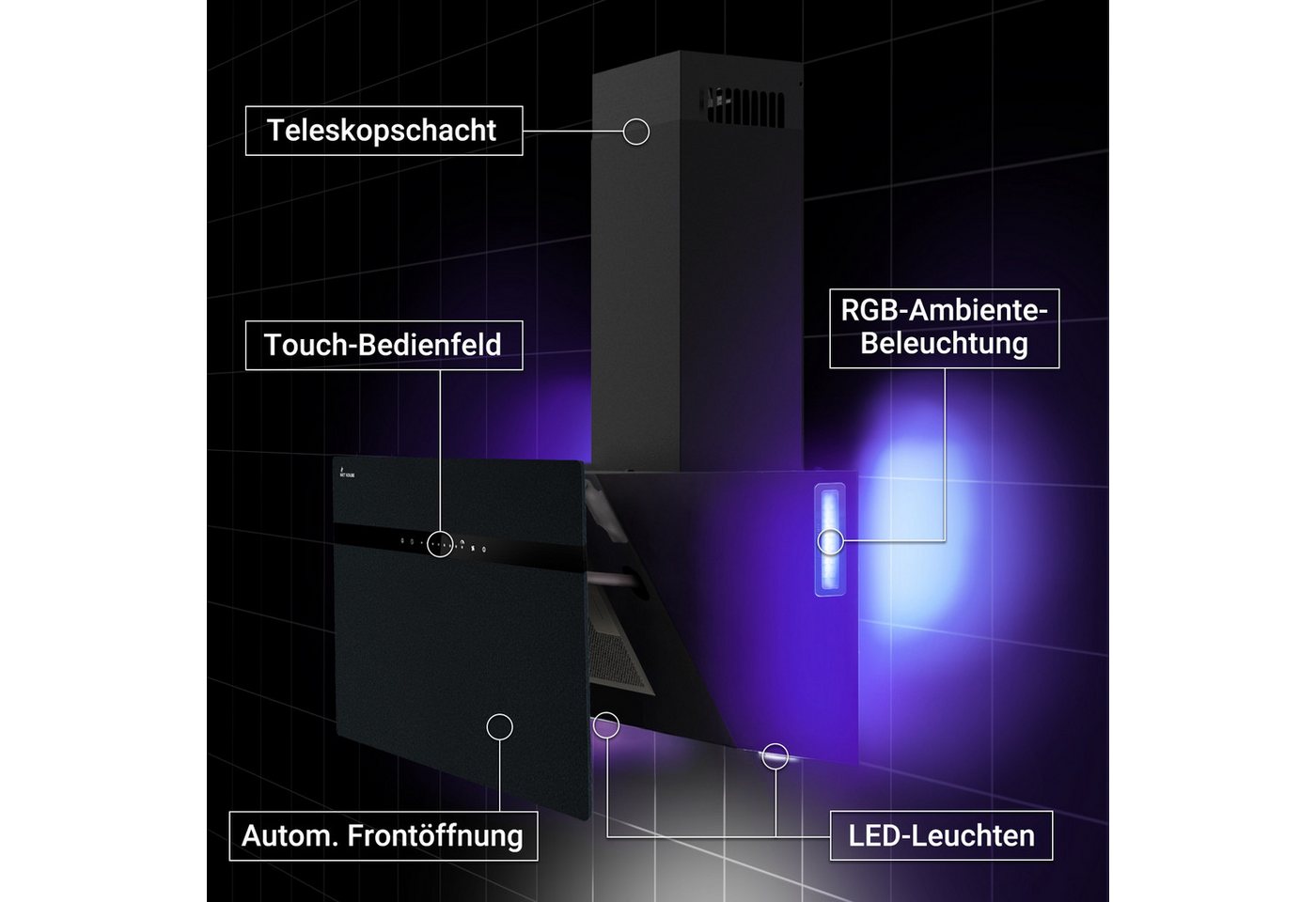 KKT KOLBE Wandhaube Dunstabzugshaube 90cm STYLE9005SMAO RGBW Ambientebeleuchtung Dunstabzugshaube 90cm STYLE9005SMAO RGBW Ambientebeleuchtung, Kopffrei / 90cm / Smarte WiFi-App / Schwarz / Glas / Schräghaube Bild 3