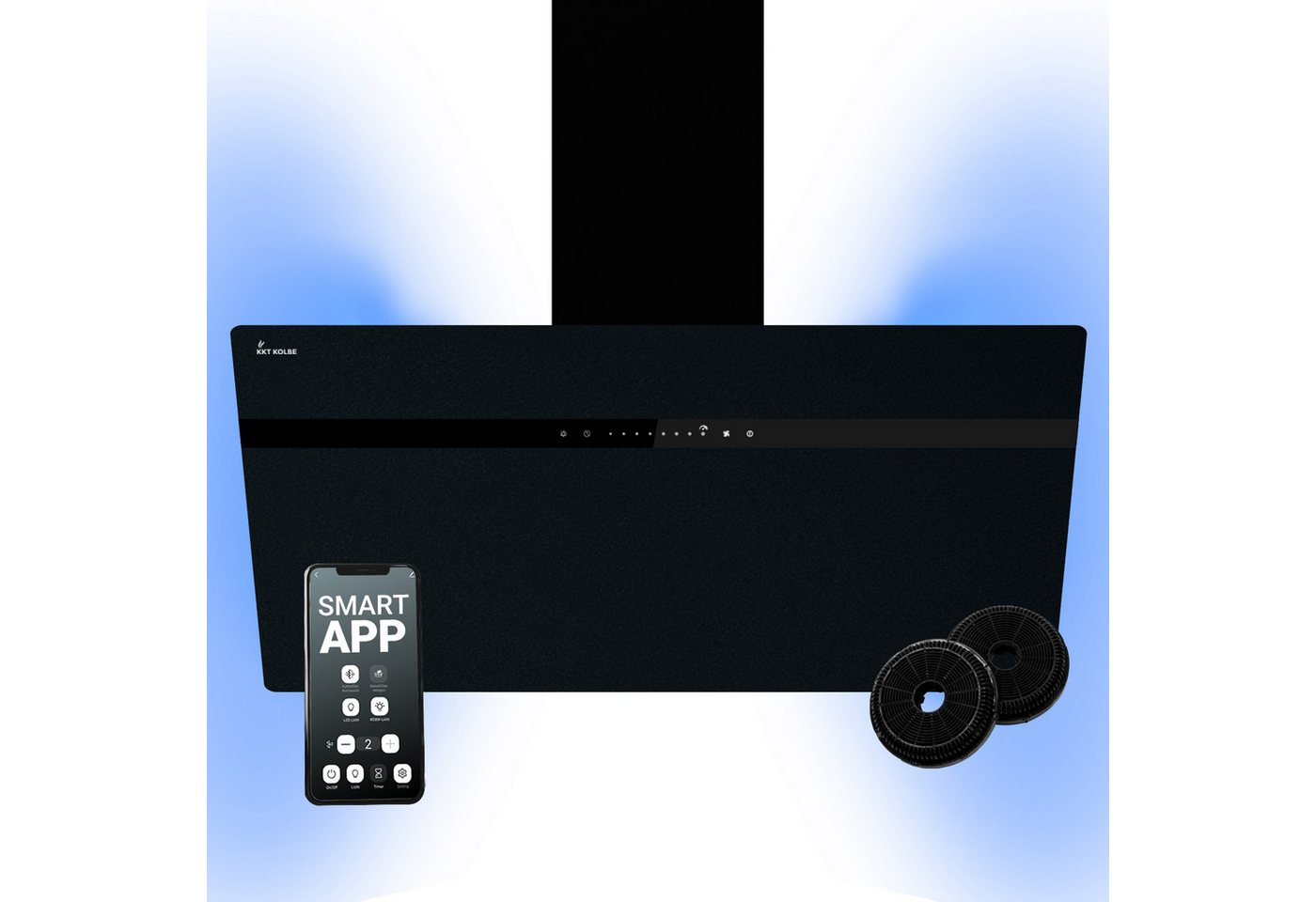 KKT KOLBE Wandhaube Dunstabzugshaube 90cm STYLE9005SMAO RGBW Ambientebeleuchtung Dunstabzugshaube 90cm STYLE9005SMAO RGBW Ambientebeleuchtung, Kopffrei / 90cm / Smarte WiFi-App / Schwarz / Glas / Schräghaube Bild 5