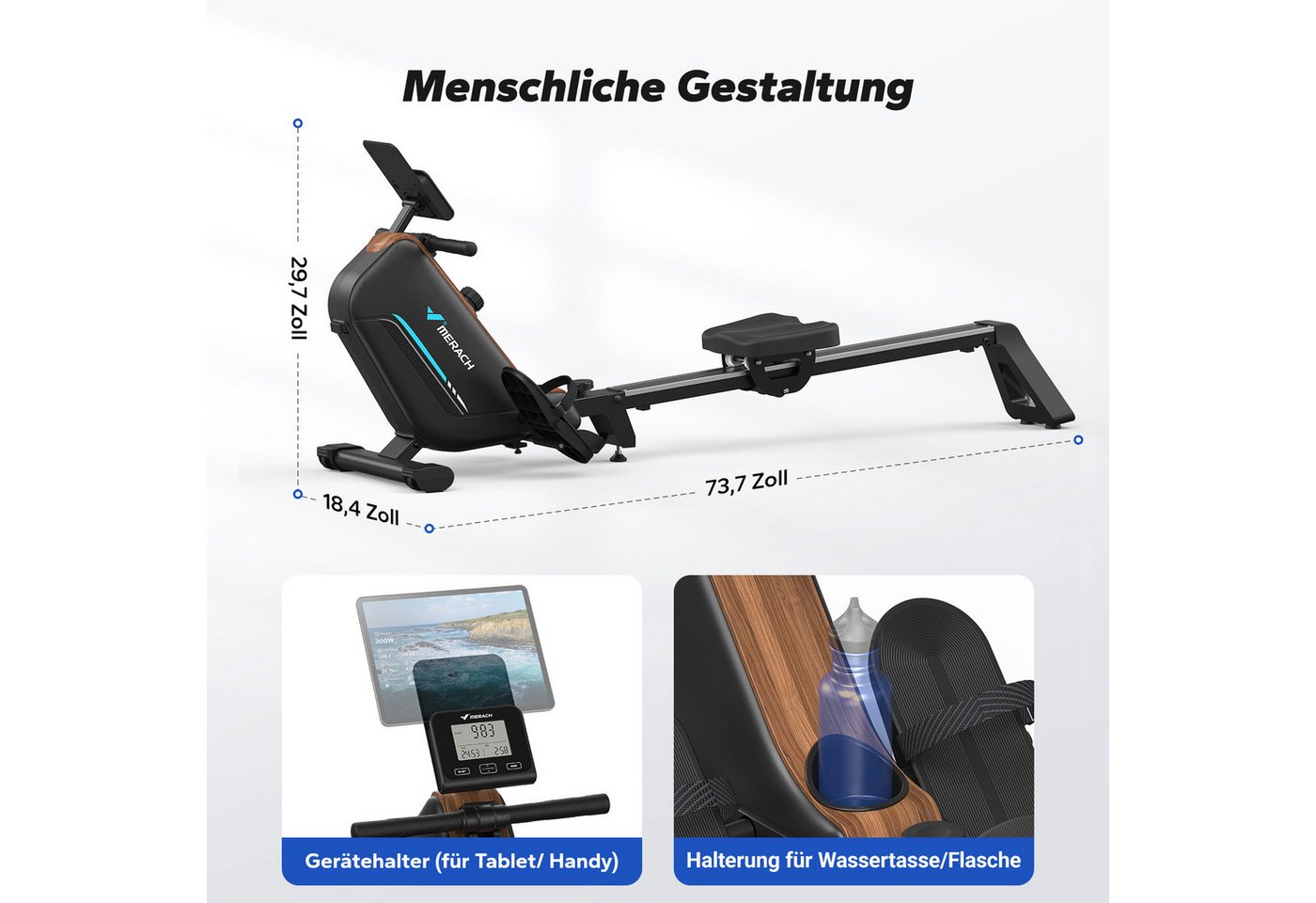 MERACH Rudergerät für Zuhause, Fitnessgeräte mit 16 Widerstandsstufen (Rudermaschine mit Bluetooth-Verbindung, klappbares Design, Kompatibel mit Kinomap, Tablet- und Flaschenhalter, LCD-Anzeige), Leise, Schnelle Montage, platzsparend, Belastbar bis 158 kg Bild 3