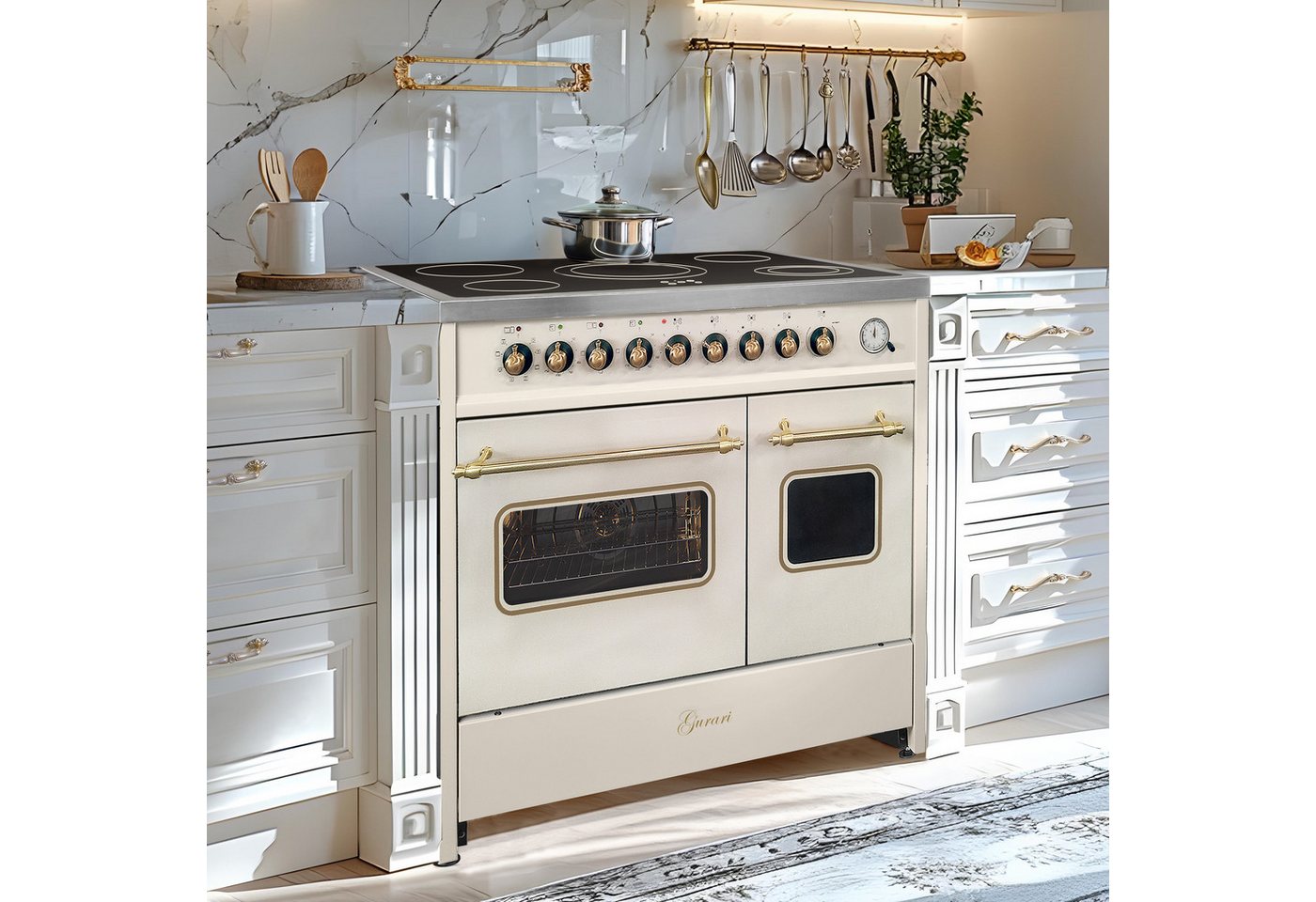 GURARI Elektro-Standherd Glaskeramik Herd 90 cm Creme Range Cooker Elektro Doppelbackofen+Dunstabzugshaube 90cm GCH E 912 DF Cr r+GCH C 046 BG 9.., mit 1-fach-Teleskopauszug