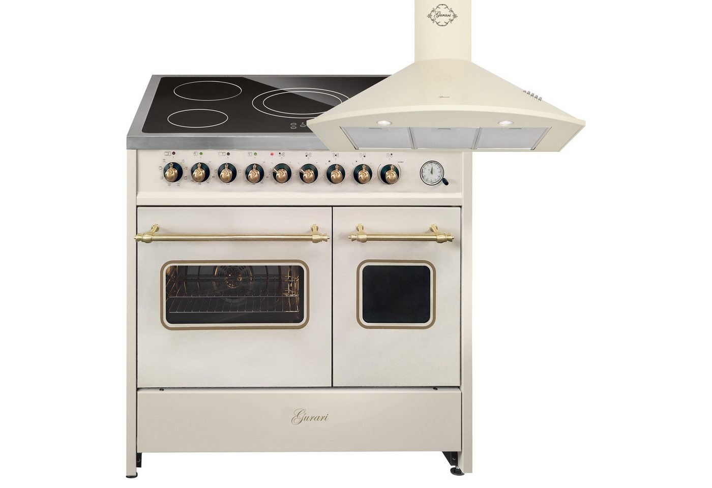 GURARI Elektro-Standherd Glaskeramik Herd 90 cm Creme Range Cooker Elektro Doppelbackofen+Dunstabzugshaube 90cm GCH E 912 DF Cr r+GCH C 046 BG 9.., mit 1-fach-Teleskopauszug Bild 2
