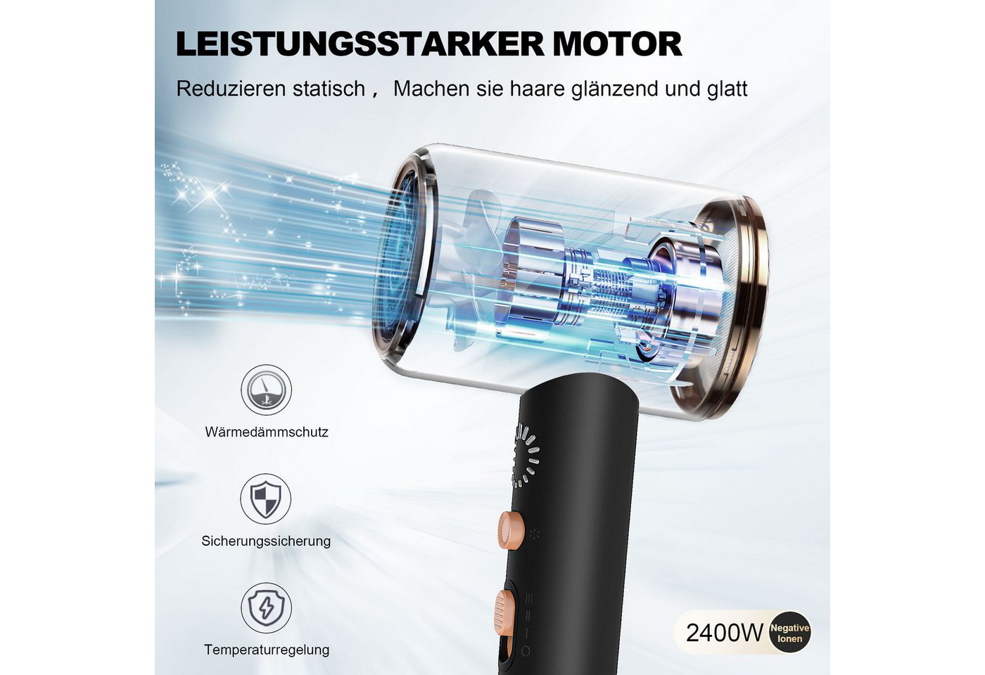 Forrlite Haartrockner Haartrockner 2026 Föhn Ionen 2400W,Anti-Spliss mit Kaltluft Modus, 2400 W, (25m/S, 3 Stylingaufsätze, angereichert mit Keratin und, Mandelöl, Ionenpflege - Anti Frizz, langlebiger AC-Motor)
