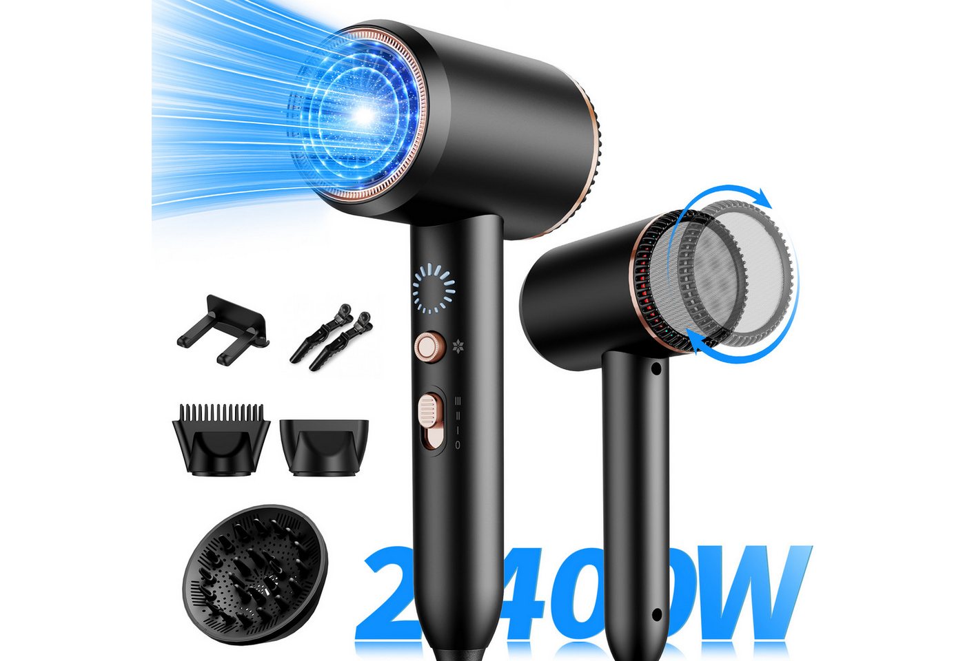 Forrlite Haartrockner Haartrockner 2026 Föhn Ionen 2400W,Anti-Spliss mit Kaltluft Modus, 2400 W, (25m/S, 3 Stylingaufsätze, angereichert mit Keratin und, Mandelöl, Ionenpflege - Anti Frizz, langlebiger AC-Motor) Bild 2