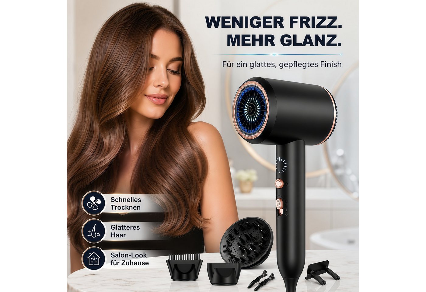 Forrlite Haartrockner Haartrockner 2026 Föhn Ionen 2400W,Anti-Spliss mit Kaltluft Modus, 2400 W, (25m/S, 3 Stylingaufsätze, angereichert mit Keratin und, Mandelöl, Ionenpflege - Anti Frizz, langlebiger AC-Motor) Bild 5