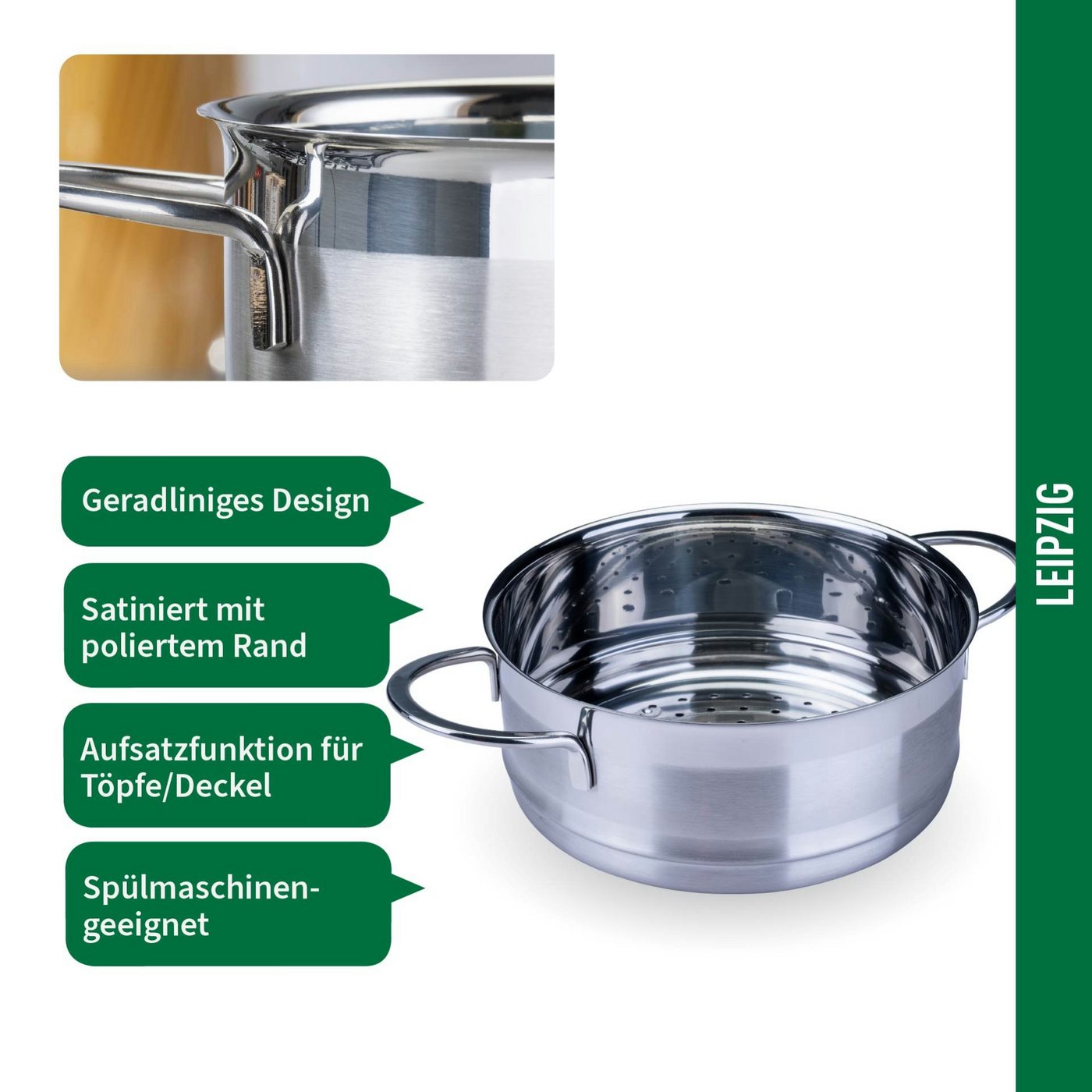 Chefkoch trifft Fackelmann Dampfgaraufsatz Dunst-/Garaufsatz, Ø 20 cm, Edelstahl, Induktion/- backofengeeignet Bild 3