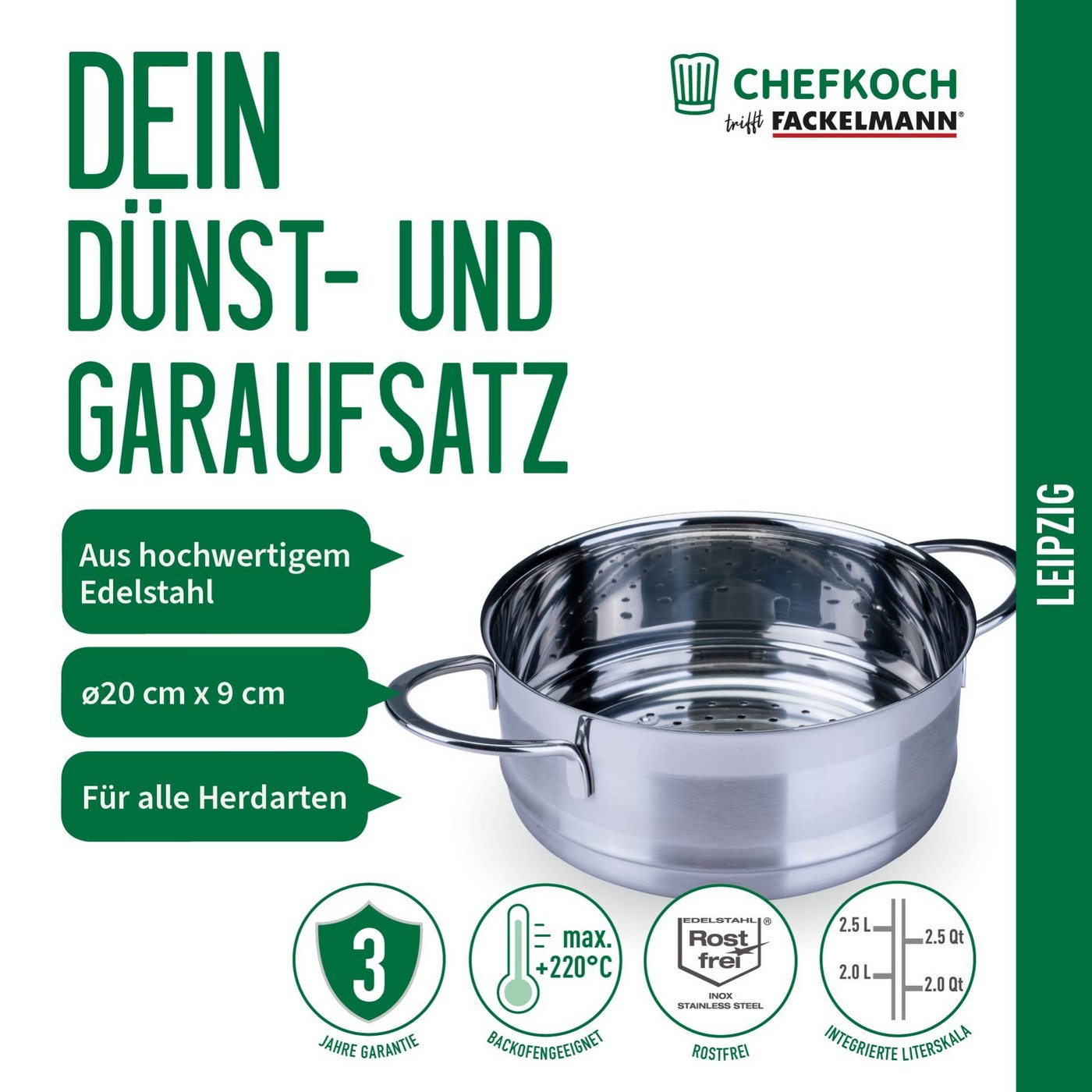 Chefkoch trifft Fackelmann Dampfgaraufsatz Dunst-/Garaufsatz, Ø 20 cm, Edelstahl, Induktion/- backofengeeignet Bild 5