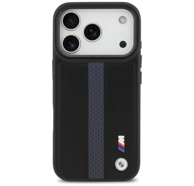 BMW Handyhülle MagSafe iPhone 17 Pro Kunstleder schwarz blau Logo Metall 6,3 Zoll, Kantenschutz