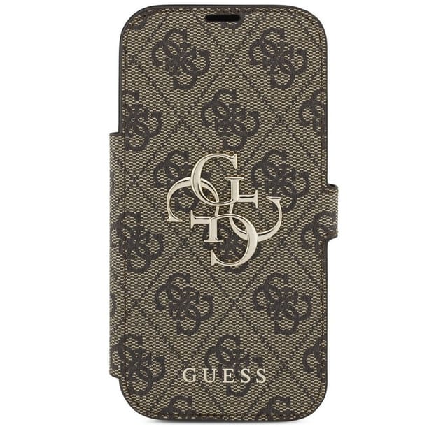 Guess Handyhülle Bookcase iPhone 17 Pro braun Logo goldfarben aufstellbar 6,3 Zoll, Kantenschutz