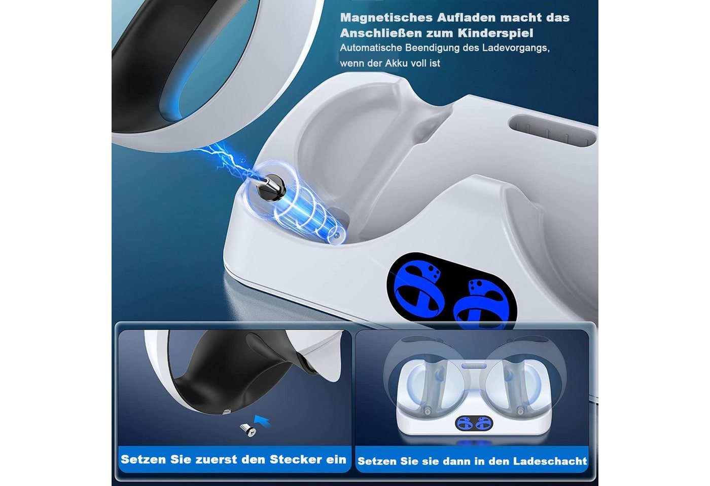 feinlux Ladestation für PS VR2 Controller Ladeschale (2000 mA, Set, PS VR2 Ladestation Ladestation, mit Headset Ständer, mit LED Licht, Typ C Kabel)