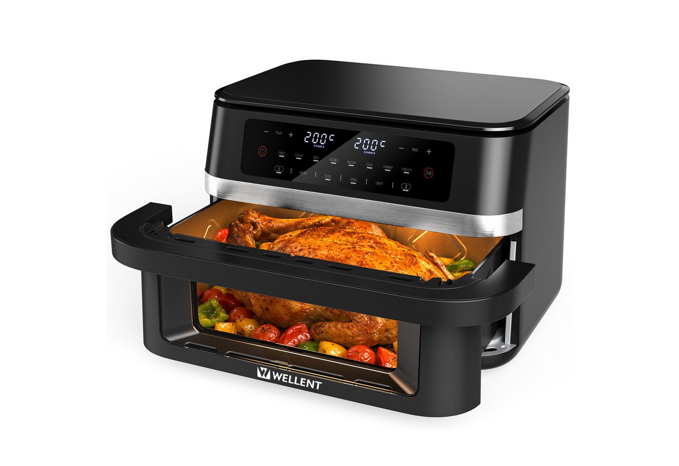 WELLENT Heißluftfritteuse DUAF-LR-100A, 2950 W, Mit 2950 W, Innenlicht, SYNC, DUAL, Shake-Funktion und 8 Programmen