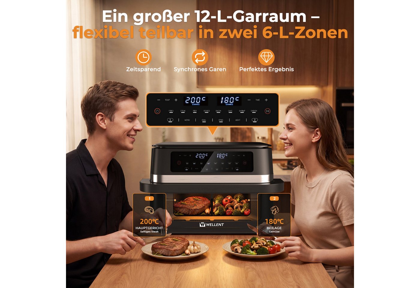 WELLENT Heißluftfritteuse DUAF-LR-100A, 2950 W, Mit 2950 W, Innenlicht, SYNC, DUAL, Shake-Funktion und 8 Programmen Bild 3