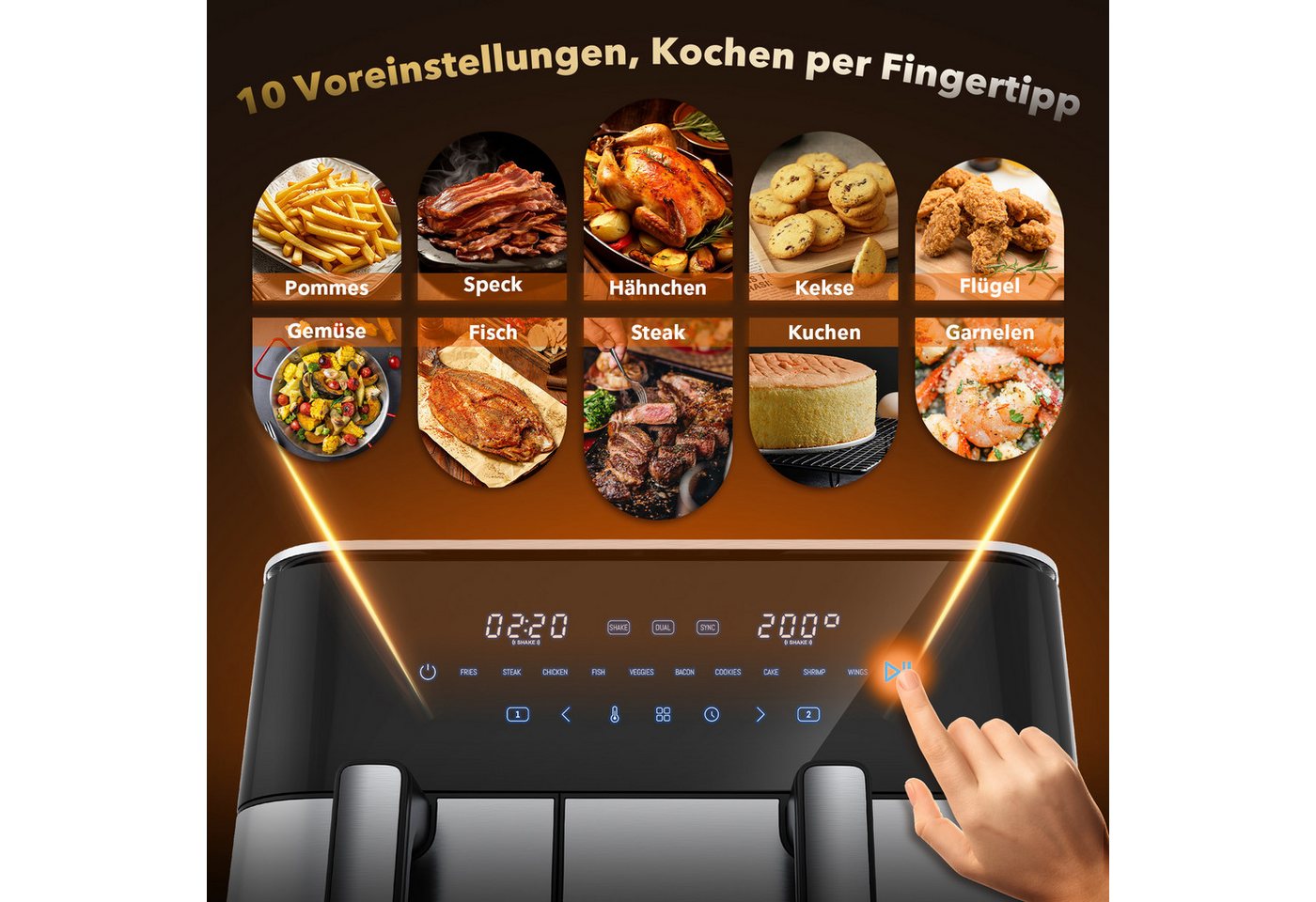 WELLENT Heißluftfritteuse DUAF-LR1-001, 2600 W, 2 kammern,XXL Airfryer,10-in-1 LED-Touchscreen,energie-&zeitsparend