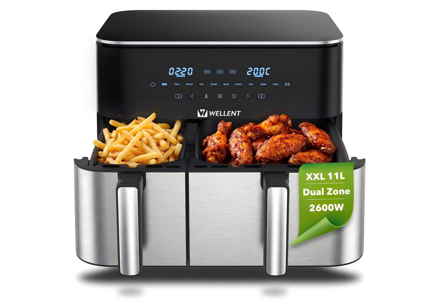 WELLENT Heißluftfritteuse DUAF-LR1-001, 2600 W, 2 kammern,XXL Airfryer,10-in-1 LED-Touchscreen,energie-&zeitsparend Bild 2