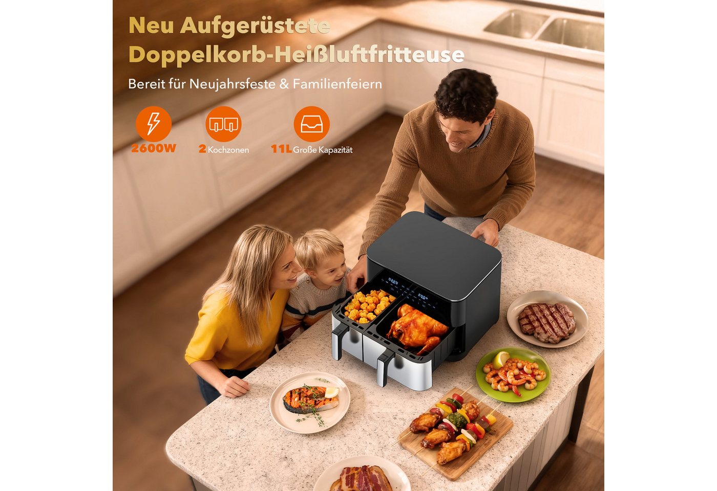 WELLENT Heißluftfritteuse DUAF-LR1-001, 2600 W, 2 kammern,XXL Airfryer,10-in-1 LED-Touchscreen,energie-&zeitsparend Bild 3