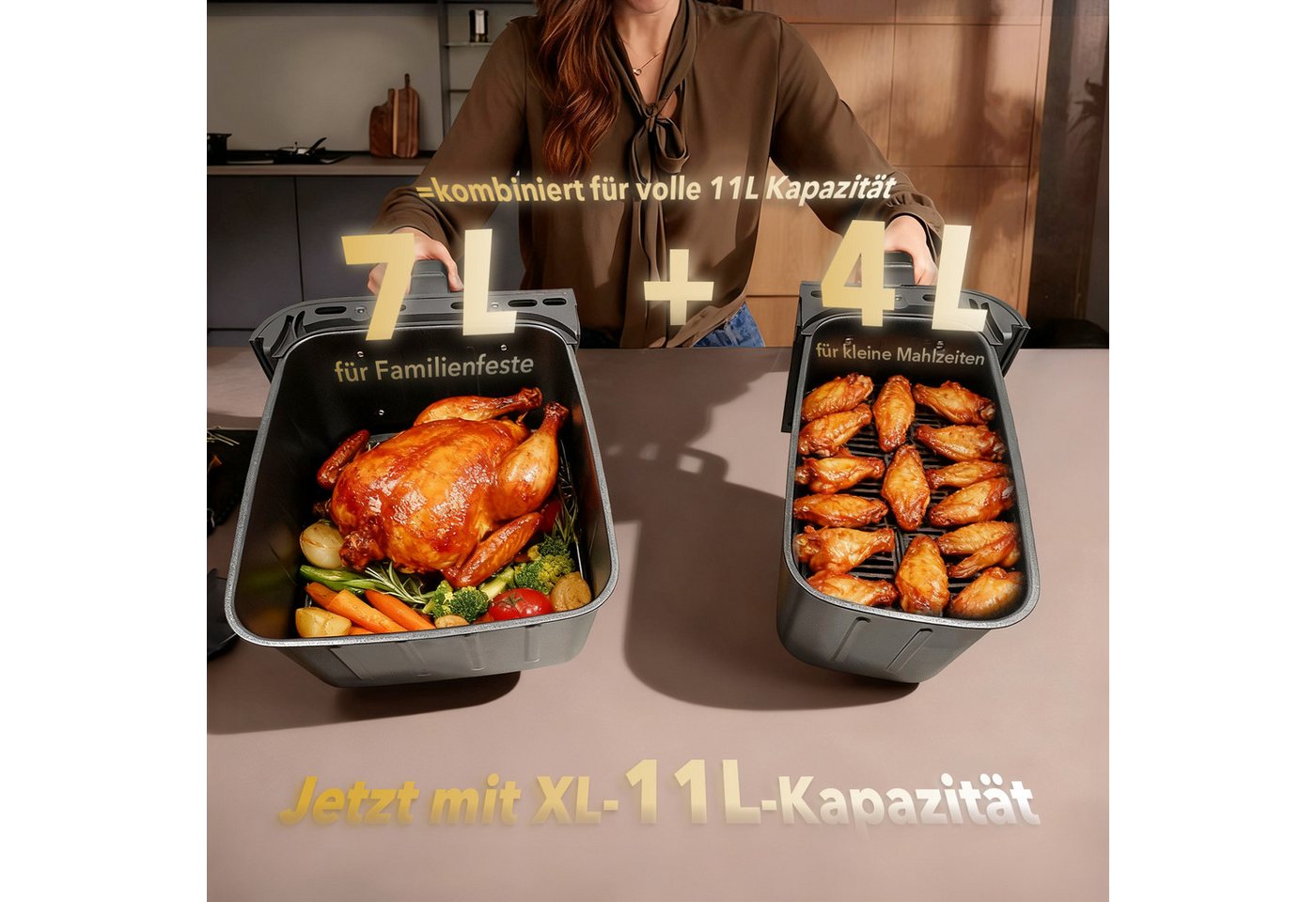 WELLENT Heißluftfritteuse DUAF-LR1-001, 2600 W, 2 kammern,XXL Airfryer,10-in-1 LED-Touchscreen,energie-&zeitsparend Bild 4