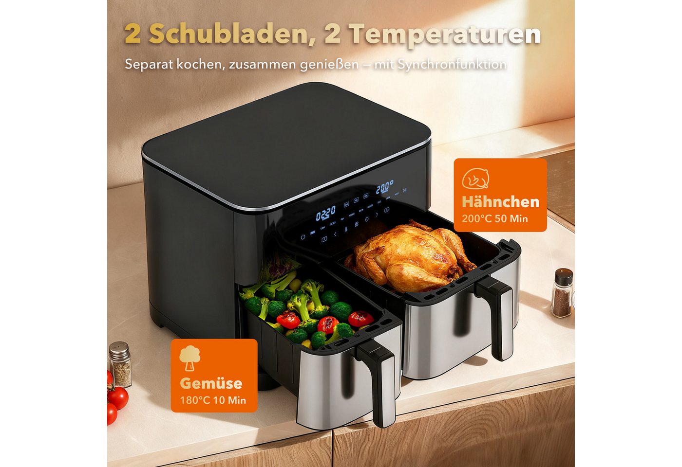 WELLENT Heißluftfritteuse DUAF-LR1-001, 2600 W, 2 kammern,XXL Airfryer,10-in-1 LED-Touchscreen,energie-&zeitsparend Bild 5