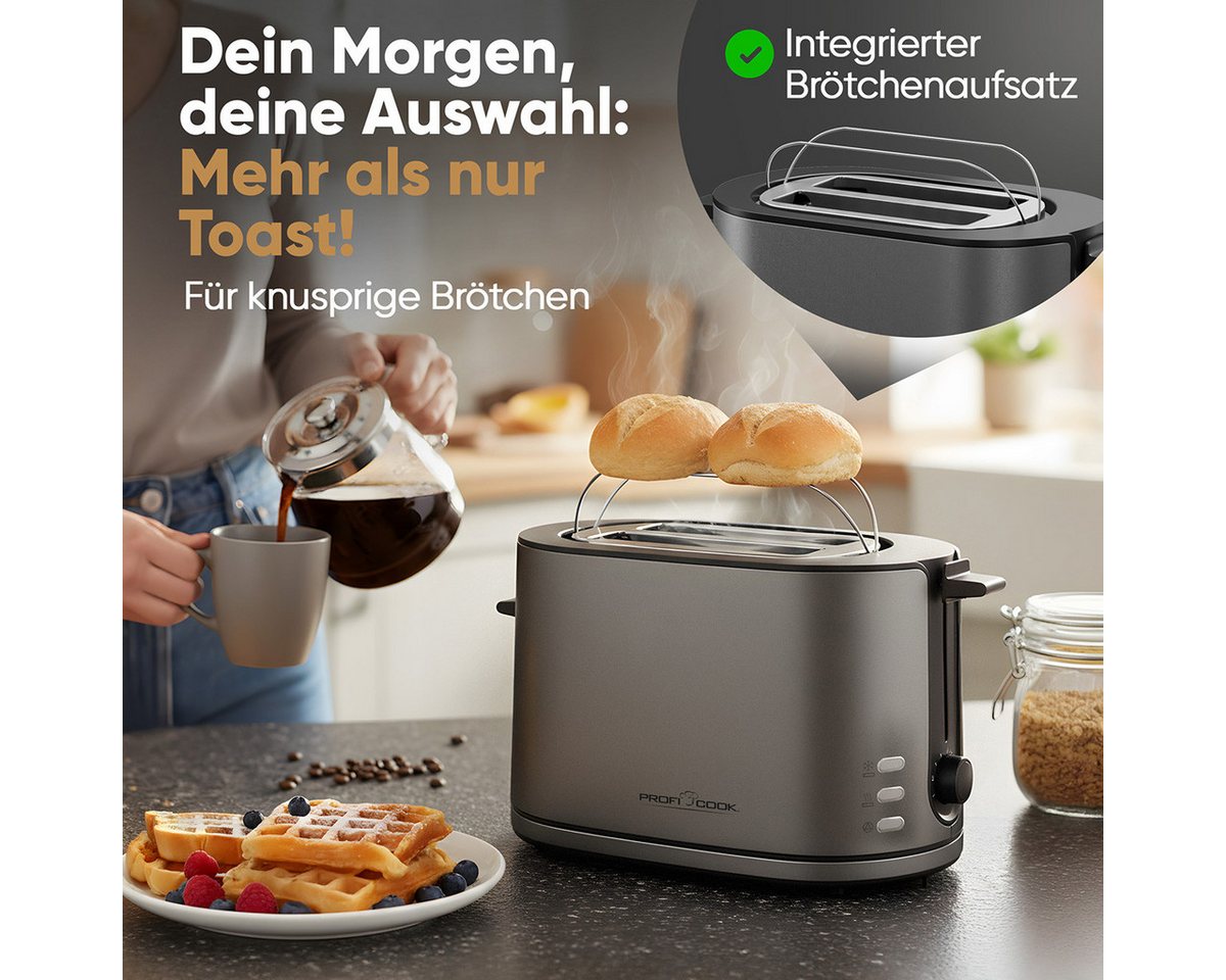 ProfiCook Toaster PC-TA 1291, Toaster 2 Scheiben mit Brötchenaufsatz, 900W