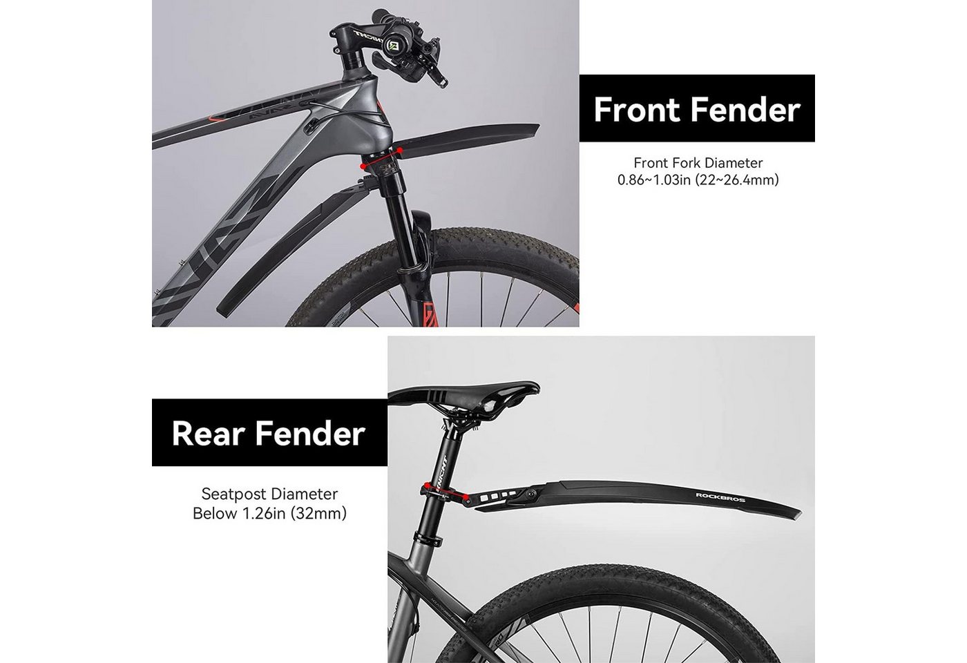ROCKBROS Schutzblech Schutzblech Set Spritzschutz MTB (Geeignet für 26 Zoll, für Fahrräder, Mudguard, Schwarz), Vorne und Hinten Bild 4
