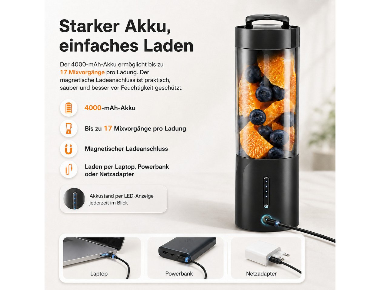 Tekoo Akku-Smoothie-Maker Tragbarer Standmixer 4000mAh Akku & 6 Edelstahl-Klingen, BPA-frei, 150 W, Magnetische Aufladung, 6 Edelstahlklingen, 20.000 U/min, BPA-frei