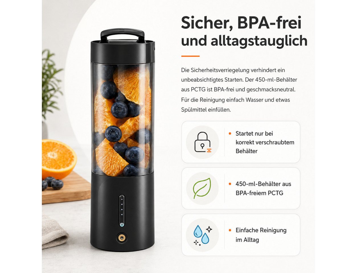 Tekoo Akku-Smoothie-Maker Tragbarer Standmixer 4000mAh Akku & 6 Edelstahl-Klingen, BPA-frei, 150 W, Magnetische Aufladung, 6 Edelstahlklingen, 20.000 U/min, BPA-frei Bild 3