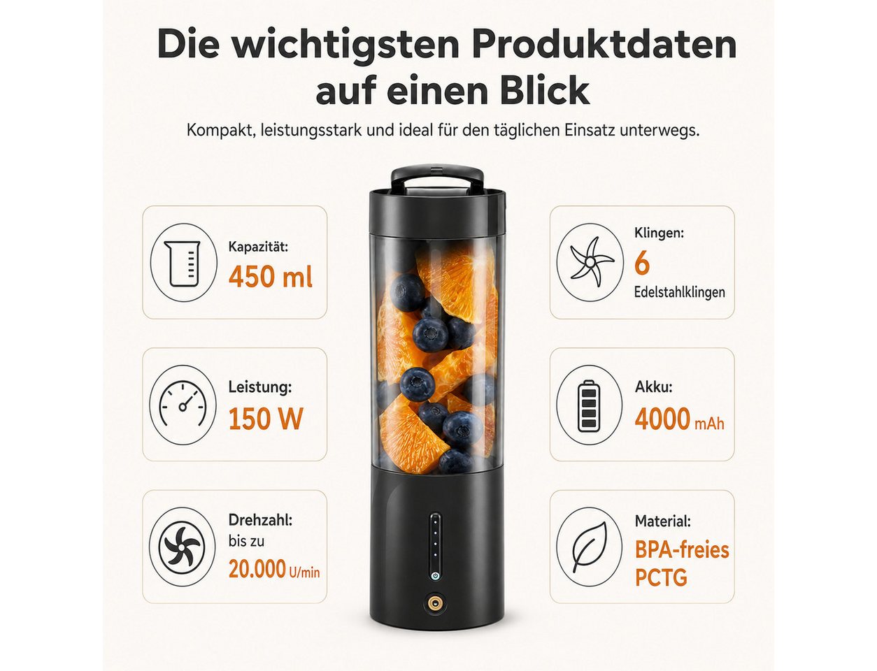 Tekoo Akku-Smoothie-Maker Tragbarer Standmixer 4000mAh Akku & 6 Edelstahl-Klingen, BPA-frei, 150 W, Magnetische Aufladung, 6 Edelstahlklingen, 20.000 U/min, BPA-frei Bild 4