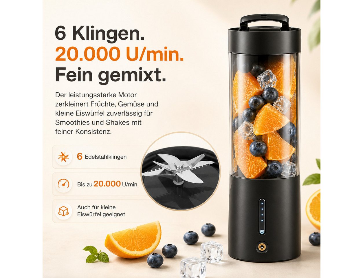 Tekoo Akku-Smoothie-Maker Tragbarer Standmixer 4000mAh Akku & 6 Edelstahl-Klingen, BPA-frei, 150 W, Magnetische Aufladung, 6 Edelstahlklingen, 20.000 U/min, BPA-frei Bild 5