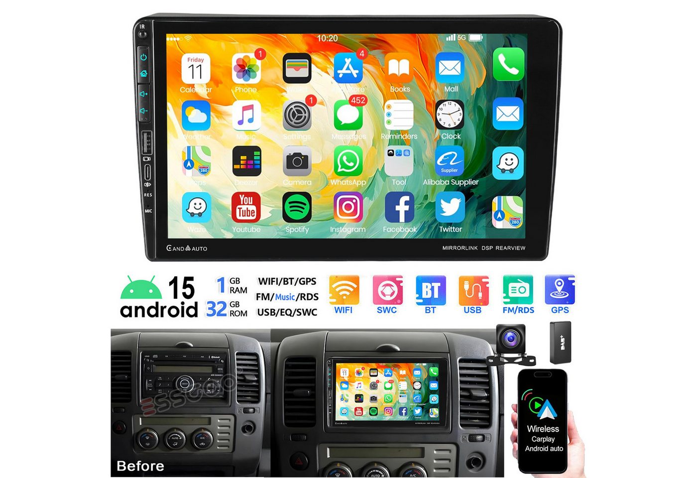 ESSGOO Android 15 4+64G Für Nissan Navara D40 2006-12 Autoradio WIFI GPS Navi Autoradio (DAB+ (optional), DAB (optional), 4+64GB(optional), RDS, AM, FM, Carplay Android Auto Bluetooth EQ USB GPS Navi WIFI Touchscreen) Bild 5