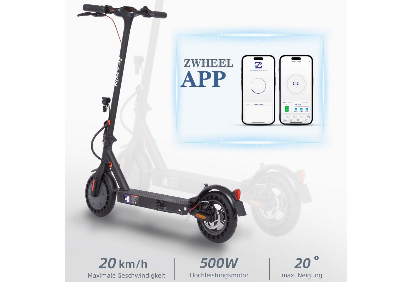 ZWHEEL E-Scooter mit Straßenzulassung 120kg, 10'' klappbarer E-Roller, 35-45km, 500 W, 20 km/h, (mit Schutzblechen, APP, 10'' pannensicherer Vollgummireifen), Elektroroller, klappbar, Stoßdämpfung, Doppels Bremssystem Bild 2