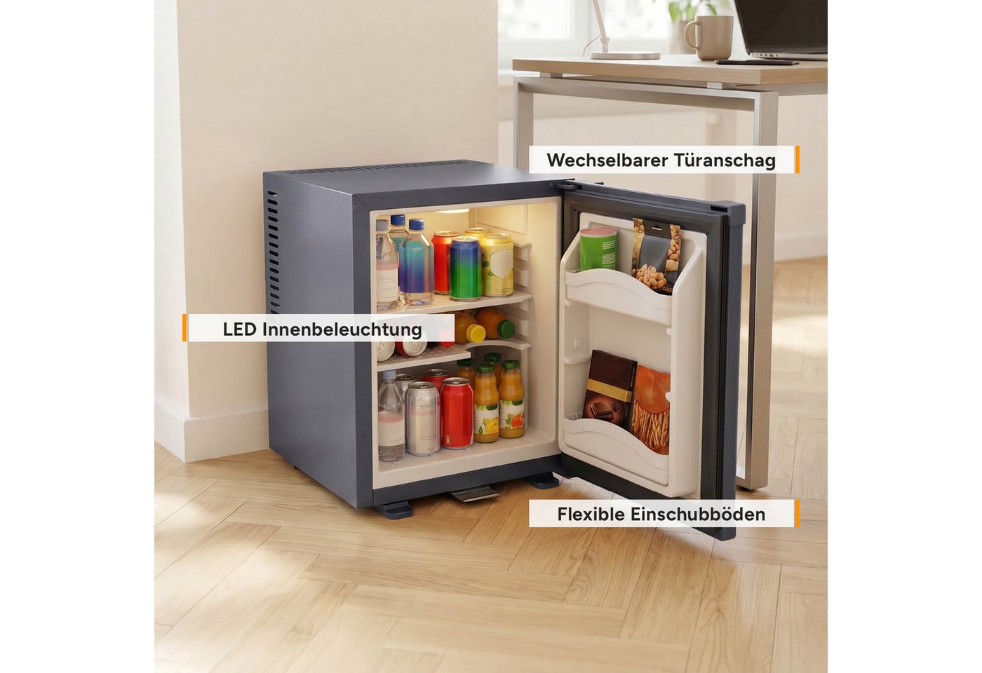 TZS FIRST AUSTRIA Table Top Kühlschrank 30L, Lautlos & Vibrationsfrei, Abschließbar FA-5172-1-AN, 47 cm hoch, 38.5 cm breit, Minibar mit LED-Beleuchtung, Schloss & leisem Betrieb Bild 3