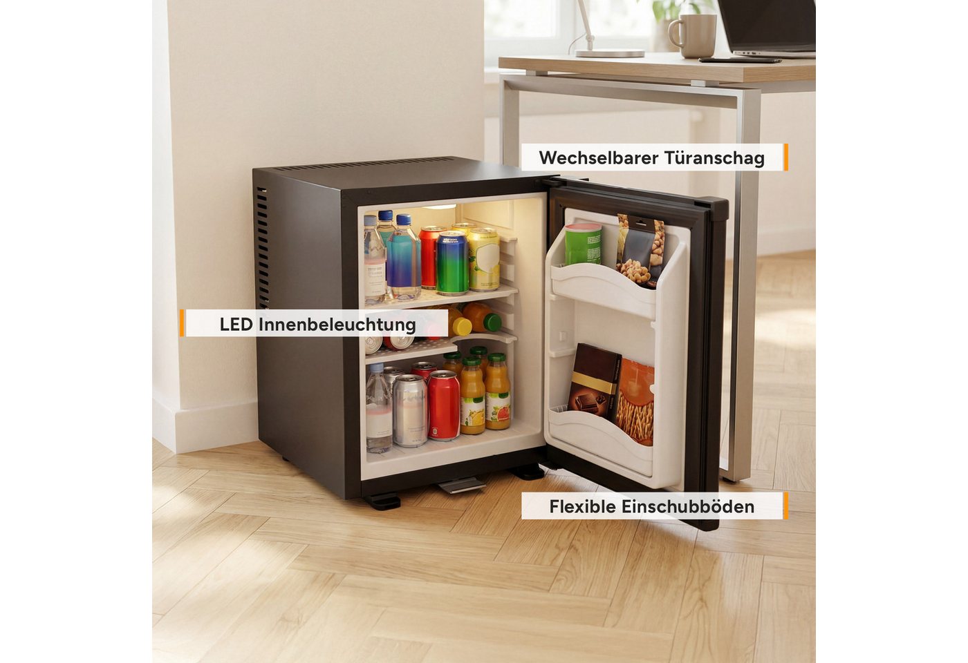 TZS FIRST AUSTRIA Table Top Kühlschrank 30L, Lautlos & Vibrationsfrei, Abschließbar FA-5172-1, 47 cm hoch, 38.5 cm breit, Minibar mit LED-Beleuchtung, Schloss & leisem Betrieb