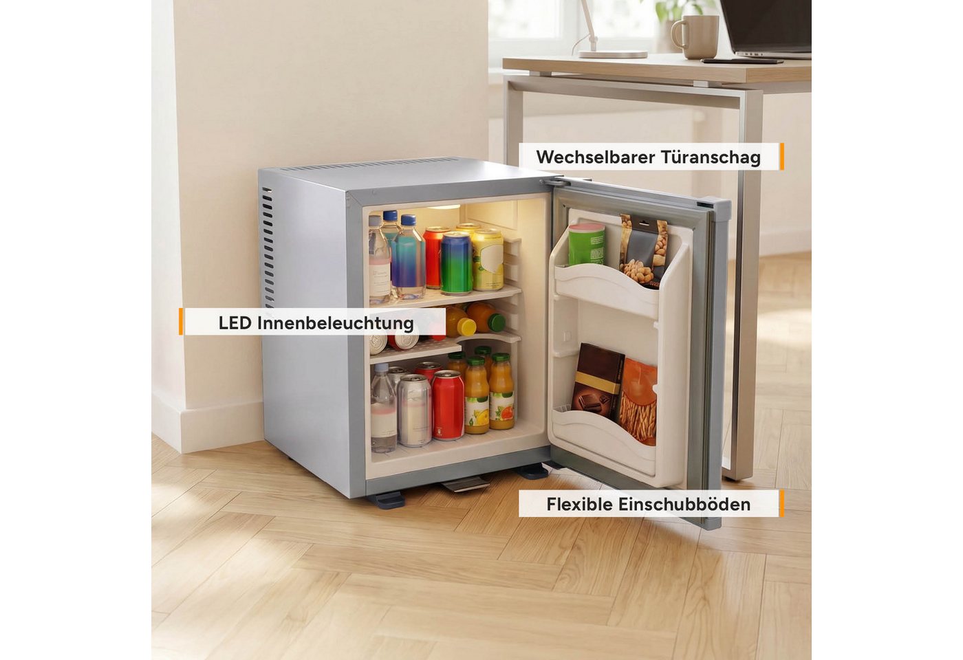TZS FIRST AUSTRIA Table Top Kühlschrank 30L, Lautlos & Vibrationsfrei, Abschließbar FA-5172-1-GR, 47 cm hoch, 38.5 cm breit, Minibar mit LED-Beleuchtung, Schloss & leisem Betrieb Bild 4