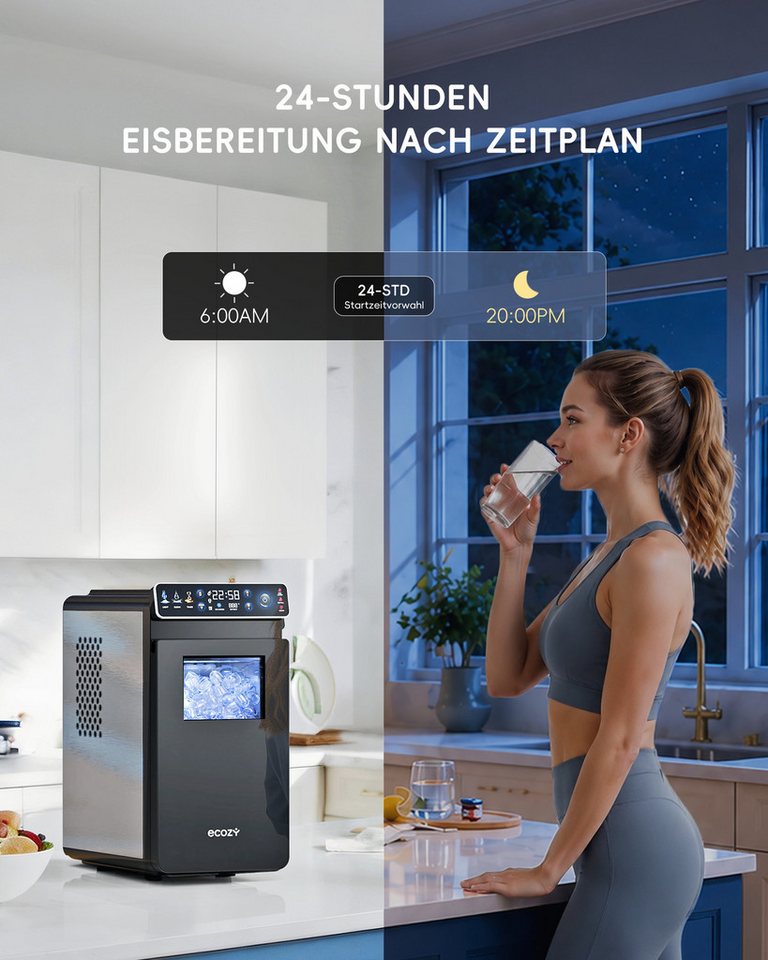 eCozy Eiswürfelmaschine Tragbar und Kompakt mit Farbdisplay, 12 KG/24H, Eiswürfel in 6 Minuten, 24-Stunden-Timer, 2 Eisgrößen, Selbstreinigung, Stummschalten