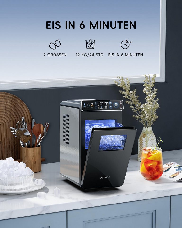 eCozy Eiswürfelmaschine Tragbar und Kompakt mit Farbdisplay, 12 KG/24H, Eiswürfel in 6 Minuten, 24-Stunden-Timer, 2 Eisgrößen, Selbstreinigung, Stummschalten Bild 3