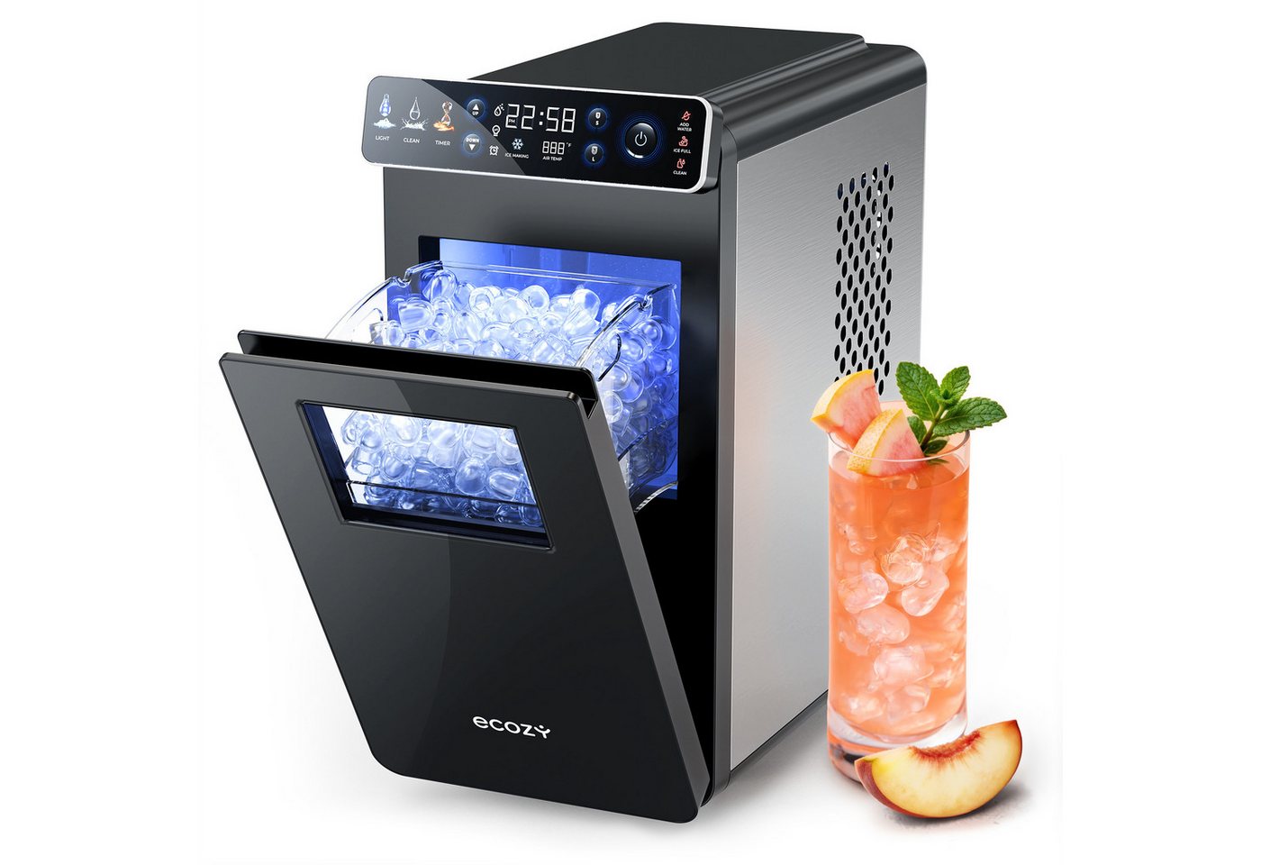 eCozy Eiswürfelmaschine Tragbar und Kompakt mit Farbdisplay, 12 KG/24H, Eiswürfel in 6 Minuten, 24-Stunden-Timer, 2 Eisgrößen, Selbstreinigung, Stummschalten Bild 4