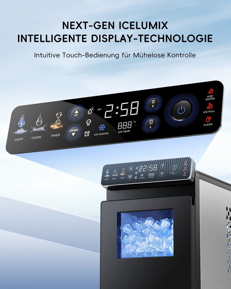 eCozy Eiswürfelmaschine Tragbar und Kompakt mit Farbdisplay, 12 KG/24H, Eiswürfel in 6 Minuten, 24-Stunden-Timer, 2 Eisgrößen, Selbstreinigung, Stummschalten Bild 5