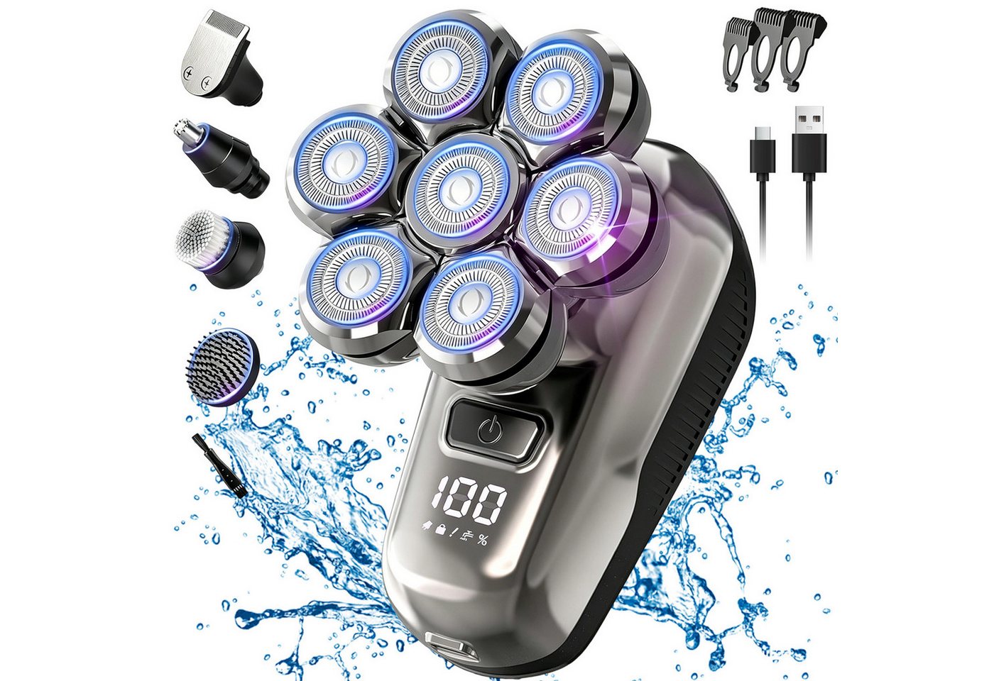 AKKEE Elektrorasierer Glatzen Rasierer Herren, Upgrade-7D Kopfrasierer Glatze, Aufsätze: 7, Haarschneider (3/5/7 mm), Nass-& Trockenrasur, IPX6 Wasserdicht, LED-Anzeige Bart Nasenhaar Trimmer Pflege Kit Bild 3